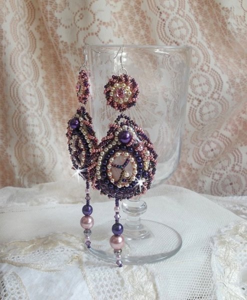 BO Grace embroidered with Rose Quartz, Swarovski crystals, pearl beads, seed beads and 925/1000 Sterling Silver ear hooks