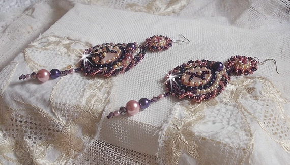 BO Grace embroidered with Rose Quartz, Swarovski crystals, pearl beads, seed beads and 925/1000 Sterling Silver ear hooks