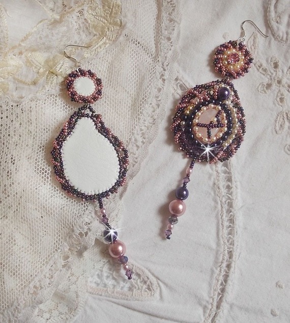 BO Grace embroidered with Rose Quartz, Swarovski crystals, pearl beads, seed beads and 925/1000 Sterling Silver ear hooks