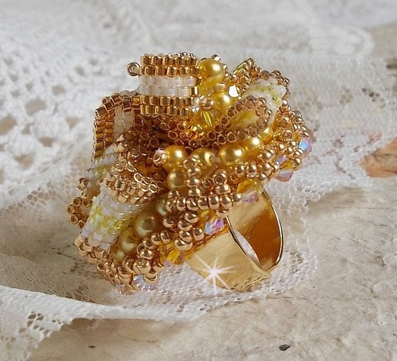 Sunflower Gold Haute-Couture ring embroidered with 24K gold-plated seed beads and Swarovski crystals 