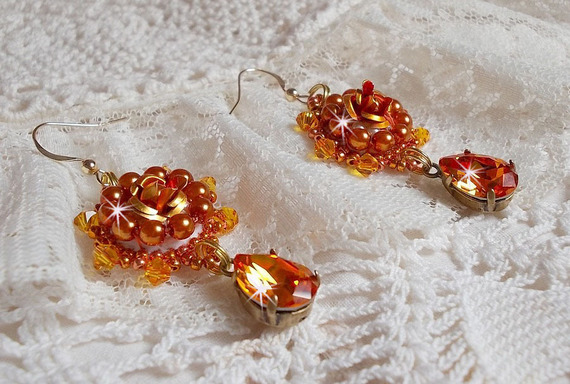 BO Lady in Orange embroidered with Swarovski Tangerine crystals, seed beads and bohemian glass beads