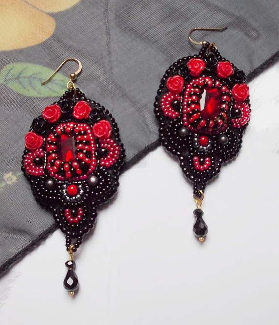 BO Midnight in Paris embroidered with Swarovski crystals, red resin roses, pearl beads, seed beads and 14K Gold Filled ear hooks