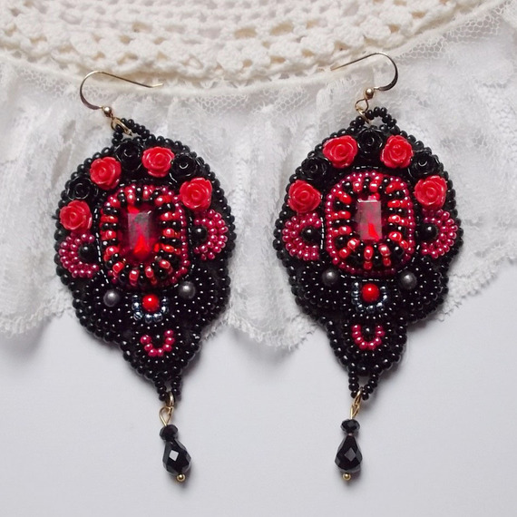 BO Midnight in Paris embroidered with Swarovski crystals, red resin roses, pearl beads, seed beads and 14K Gold Filled ear hooks