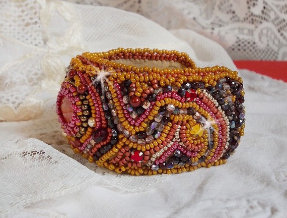 Red Jasper cuff bracelet embroidered with a Red Jasper cabochon, Swarovski crystals and seed beads