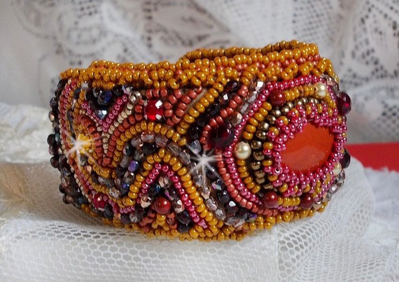 Red Jasper cuff bracelet embroidered with a Red Jasper cabochon, Swarovski crystals and seed beads