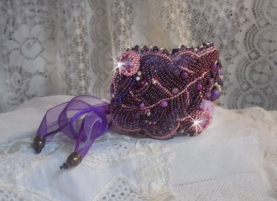 Chinese Purple Stone cuff bracelet embroidered with fine stones: Sugilites, Swarovski crystals, seed beads and a purple Organza ribbon