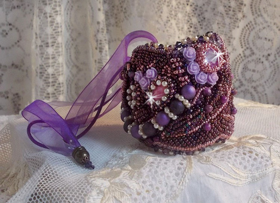 Chinese Purple Stone cuff bracelet embroidered with fine stones: Sugilites, Swarovski crystals, seed beads and a purple Organza ribbon