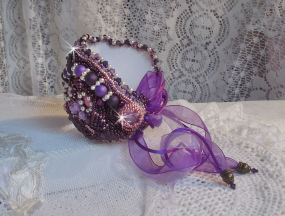 Chinese Purple Stone cuff bracelet embroidered with fine stones: Sugilites, Swarovski crystals, seed beads and a purple Organza ribbon