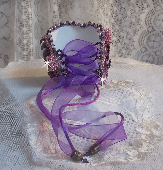 Chinese Purple Stone cuff bracelet embroidered with fine stones: Sugilites, Swarovski crystals, seed beads and a purple Organza ribbon