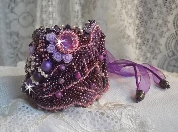 Chinese Purple Stone cuff bracelet embroidered with fine stones: Sugilites, Swarovski crystals, seed beads and a purple Organza ribbon