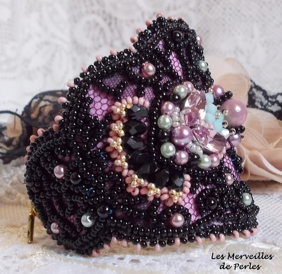 Marquise cuff bracelet embroidered with Swarovski crystals, black lace from 1950 very old, freshwater pearls and seed beads