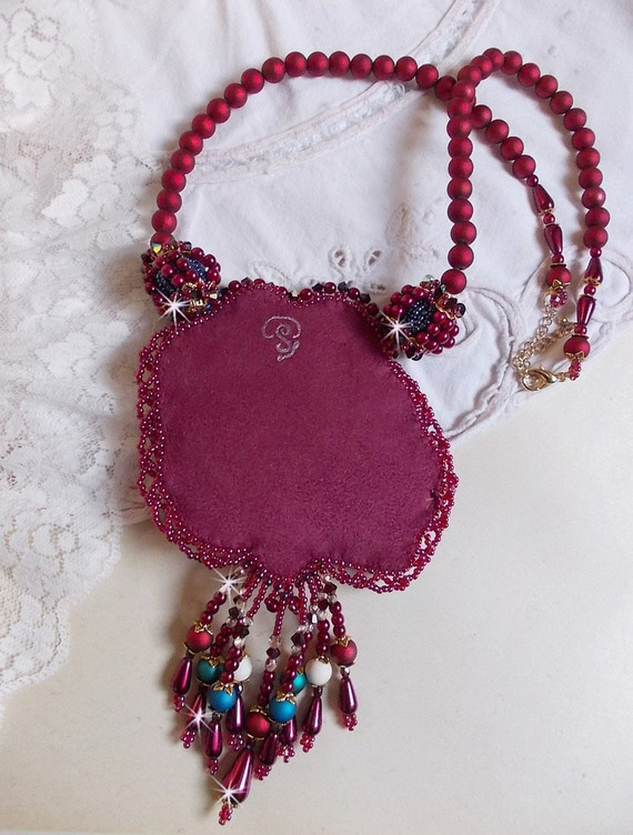 Necklace Enchantment of Autumn embroidered with pearly pearls Bordeaux, a lace, various pearls and seed beads