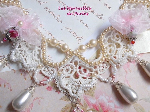 Victorian style embroidered Valmont necklace with Ivory lace, pearly beads and Swarovski crystals