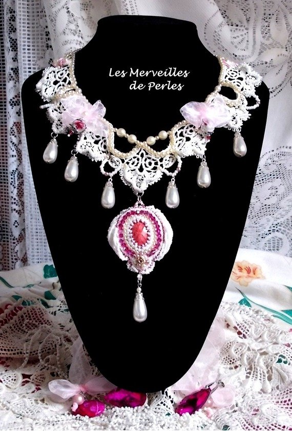 Victorian style embroidered Valmont necklace with Ivory lace, pearly beads and Swarovski crystals