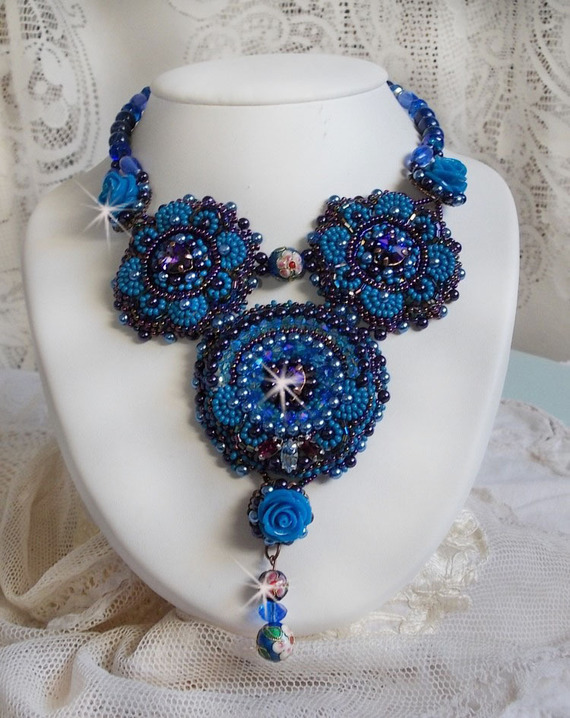 Royal Blue Roses Necklace with Swarovski crystals and seed beads