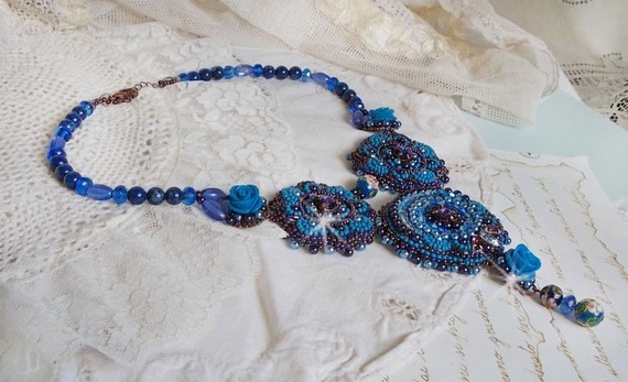 Royal Blue Roses Necklace with Swarovski crystals and seed beads