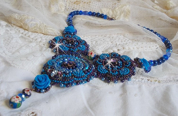 Royal Blue Roses Necklace with Swarovski crystals and seed beads