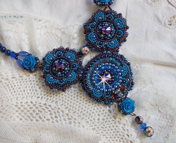 Royal Blue Roses Necklace with Swarovski crystals and seed beads