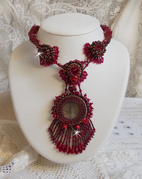 Rubby One necklace embroidered with Swarovski crystals and a ceramic cabochon