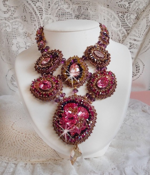 Majestic Crystal Haute-Couture Necklace with cabochons, Swarovski crystal bicones, glass beads and high quality seed beads