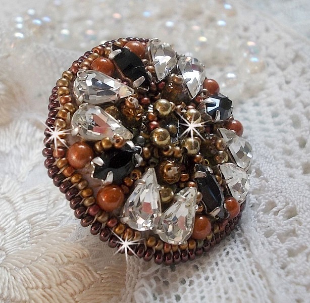 Amber Romance ring embroidered with Swarovski Crystal and Black, magic beads and seed beads