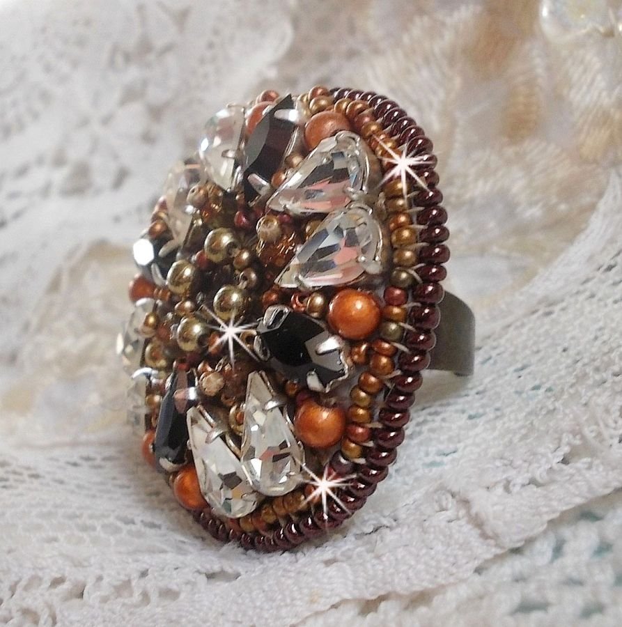 Amber Romance ring embroidered with Swarovski Crystal and Black, magic beads and seed beads