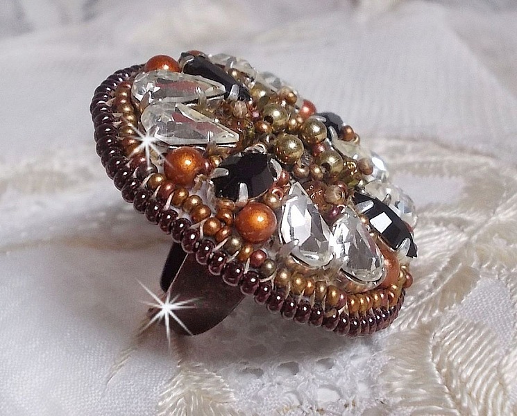 Amber Romance ring embroidered with Swarovski Crystal and Black, magic beads and seed beads