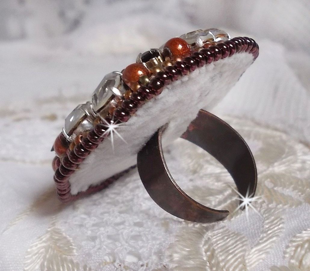 Amber Romance ring embroidered with Swarovski Crystal and Black, magic beads and seed beads