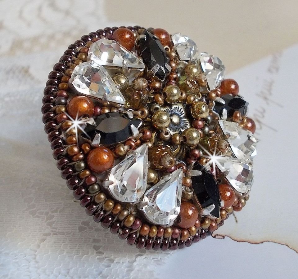 Amber Romance ring embroidered with Swarovski Crystal and Black, magic beads and seed beads