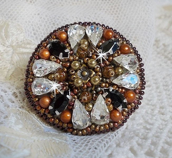 Amber Romance ring embroidered with Swarovski Crystal and Black, magic beads and seed beads