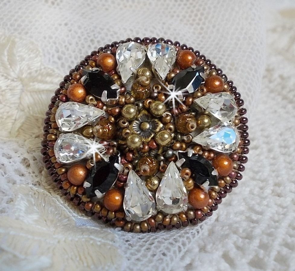 Amber Romance ring embroidered with Swarovski Crystal and Black, magic beads and seed beads