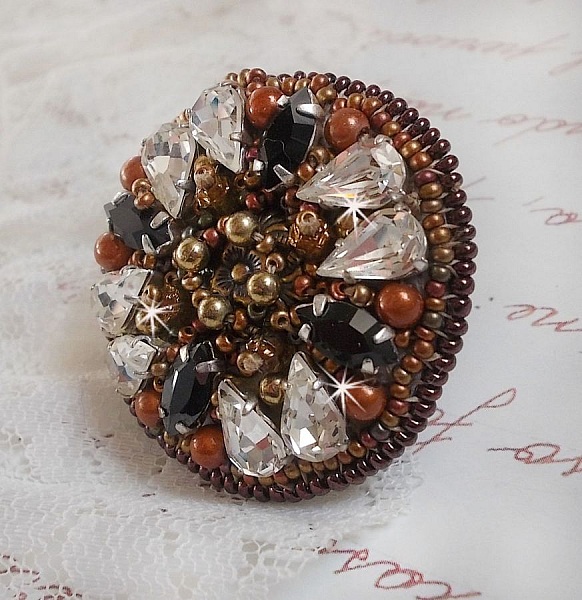 Amber Romance ring embroidered with Swarovski Crystal and Black, magic beads and seed beads
