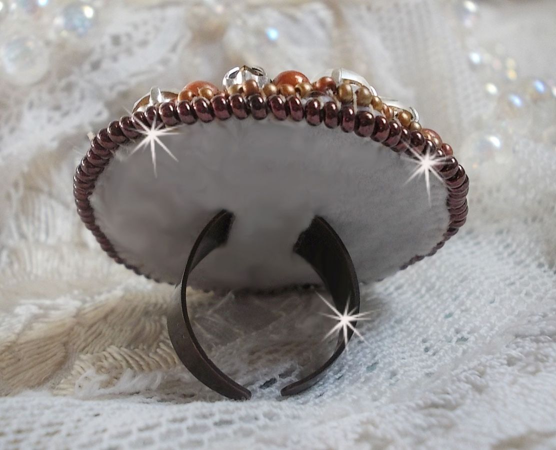 Amber Romance ring embroidered with Swarovski Crystal and Black, magic beads and seed beads