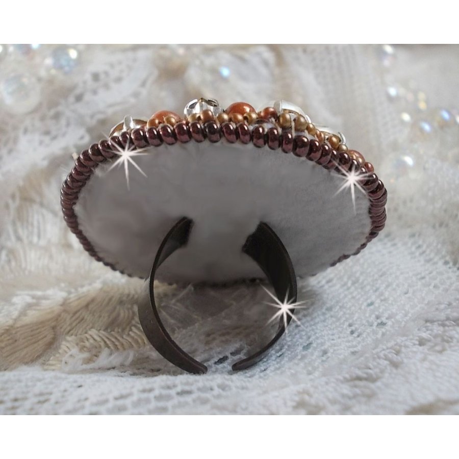 Amber Romance ring embroidered with Swarovski Crystal and Black, magic beads and seed beads