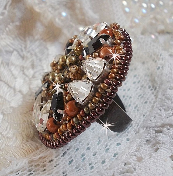 Amber Romance ring embroidered with Swarovski Crystal and Black, magic beads and seed beads