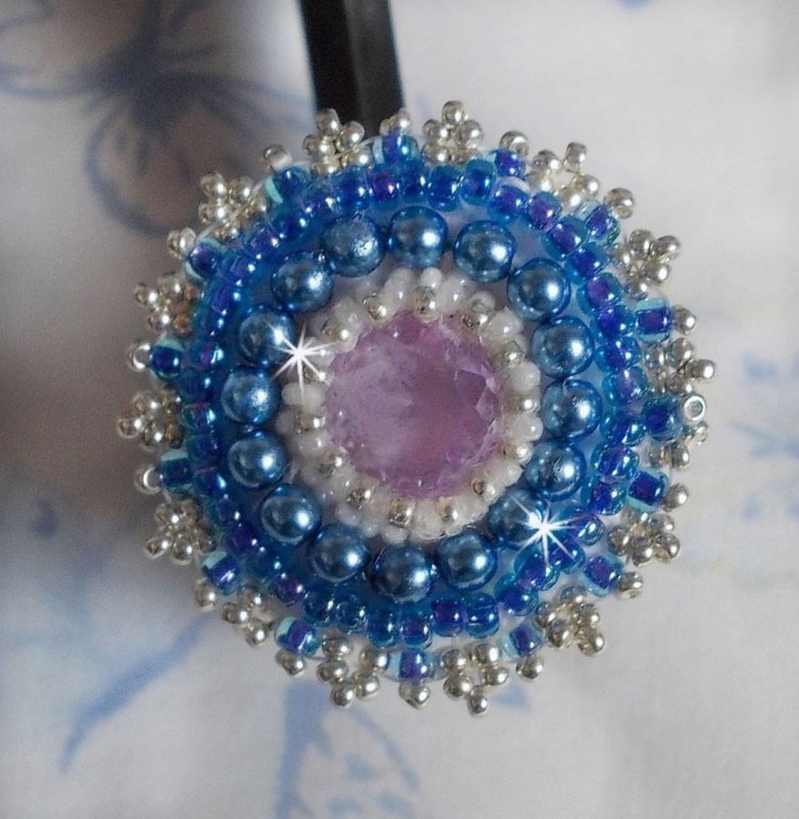 Azure ring embroidered with Swarovski crystals and pearls