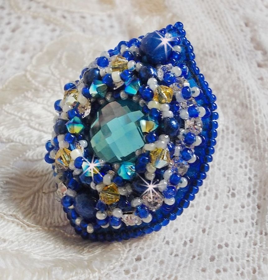 Blue Palace ring, an authentic design with blue seed beads and Swarovski crystals