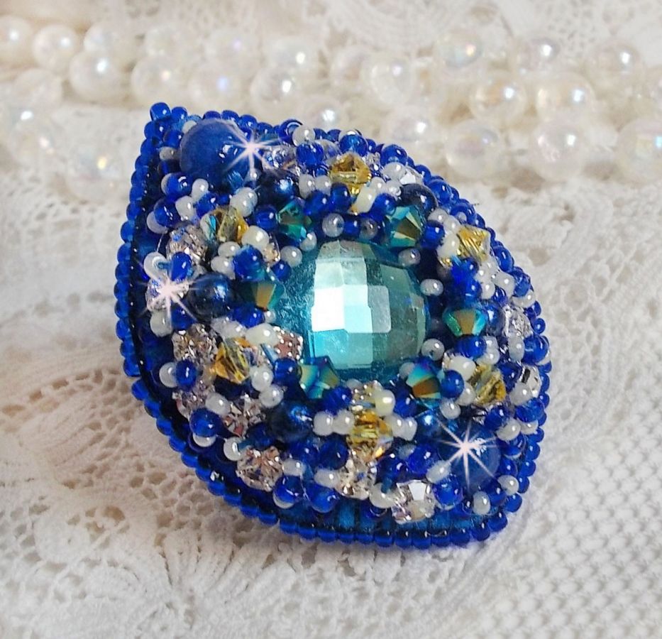 Blue Palace ring, an authentic design with blue seed beads and Swarovski crystals