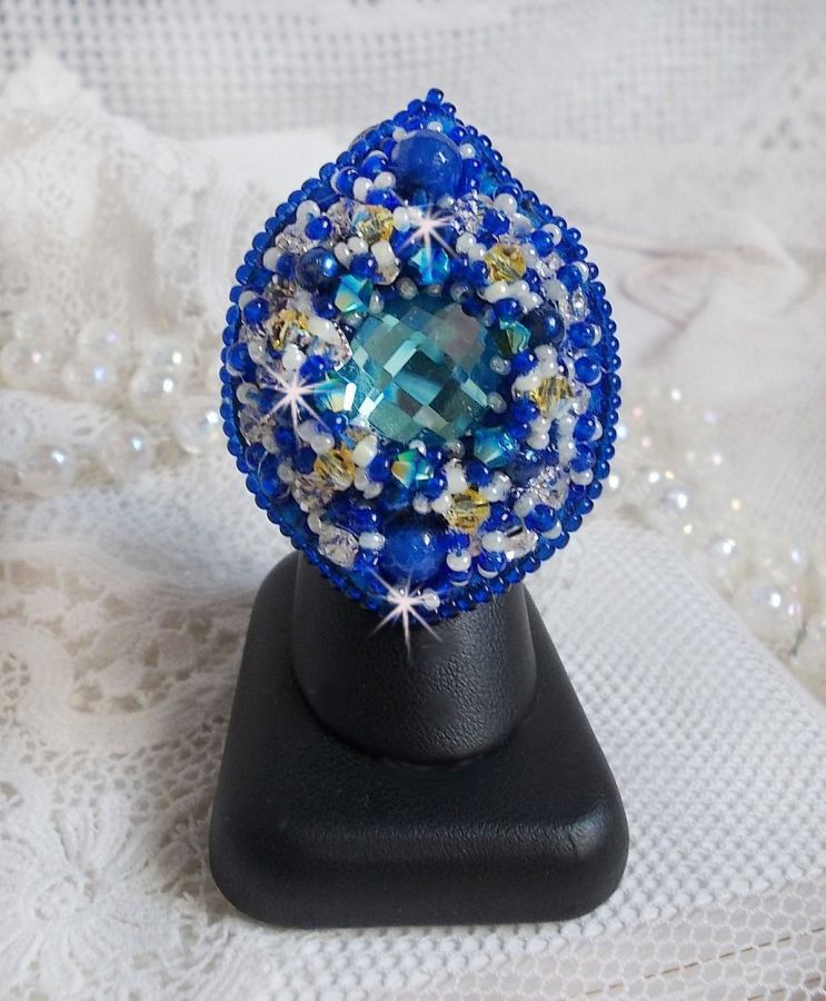 Blue Palace ring, an authentic design with blue seed beads and Swarovski crystals