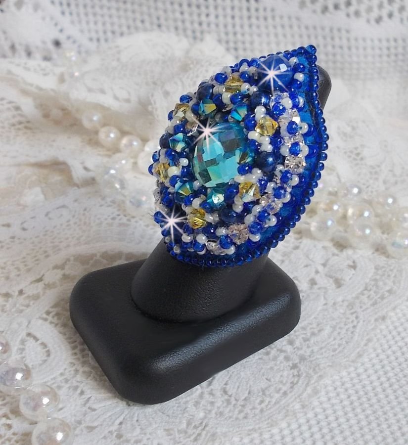 Blue Palace ring, an authentic design with blue seed beads and Swarovski crystals