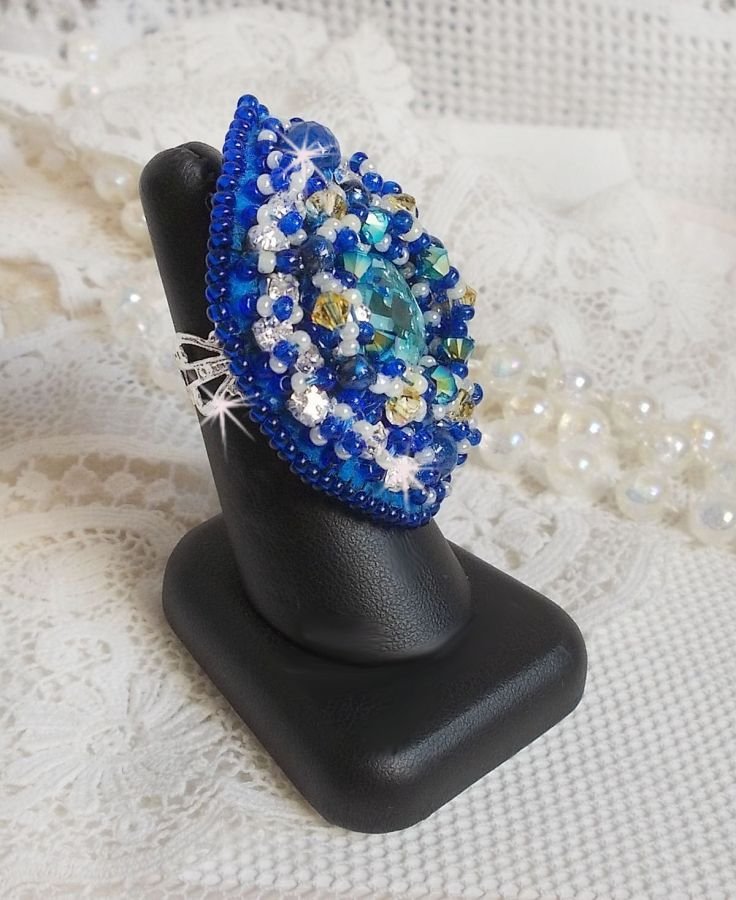 Blue Palace ring, an authentic design with blue seed beads and Swarovski crystals