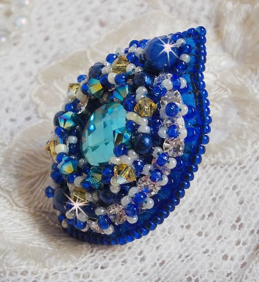 Blue Palace ring, an authentic design with blue seed beads and Swarovski crystals