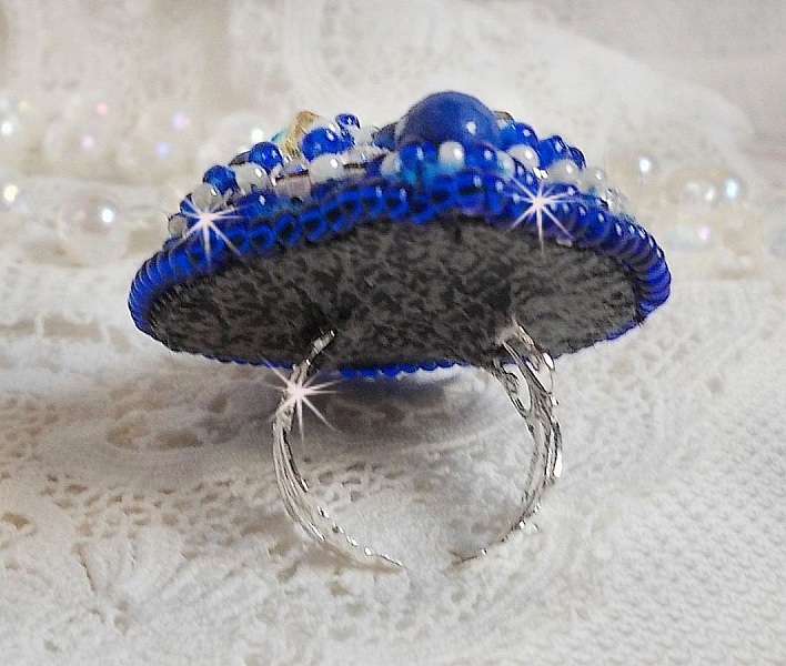 Blue Palace ring, an authentic design with blue seed beads and Swarovski crystals