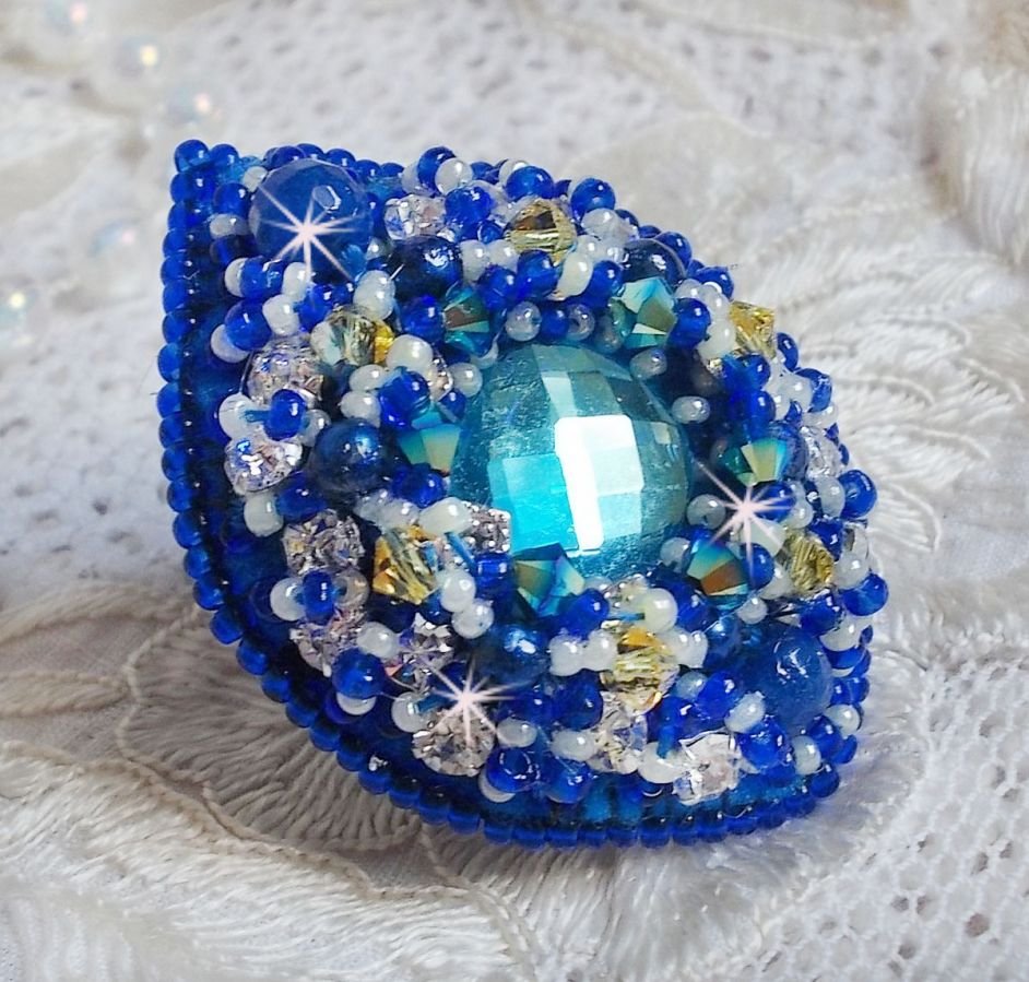 Blue Palace ring, an authentic design with blue seed beads and Swarovski crystals