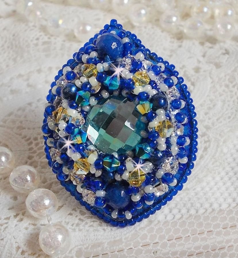 Blue Palace ring, an authentic design with blue seed beads and Swarovski crystals