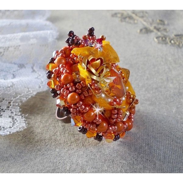 Ring Les R&ecirc;ves d'Acapulco embroidered with Swarovski crystals, Miyuki seed beads, glass and beads Chic Boho Ethnic style