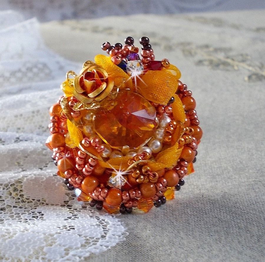 Ring Les Rêves d'Acapulco embroidered with Swarovski crystals, Miyuki seed beads, glass and beads Chic Boho Ethnic style