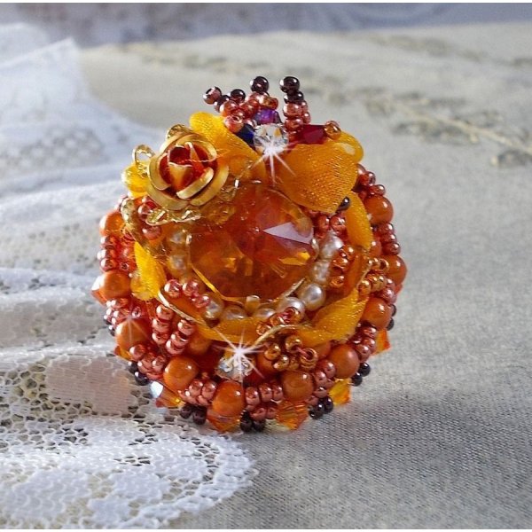 Ring Les R&ecirc;ves d'Acapulco embroidered with Swarovski crystals, Miyuki seed beads, glass and beads Chic Boho Ethnic style