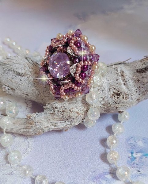 Chinese Purple Stone ring embroidered with Swarovski crystals and seed beads
