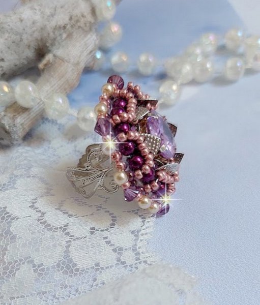 Chinese Purple Stone ring embroidered with Swarovski crystals and seed beads